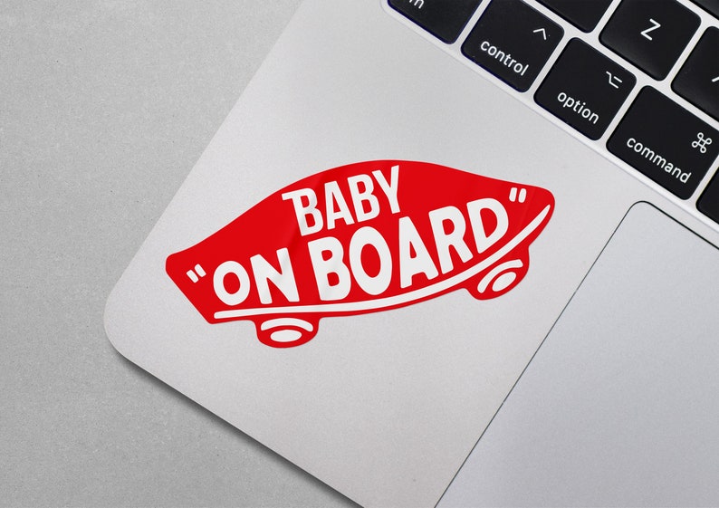 Baby On Board Skate Style decorative decal for cars, laptops, windows, mugs, glass, etc. Red/White