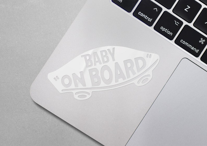 Baby On Board Skate Style decorative decal for cars, laptops, windows, mugs, glass, etc. White