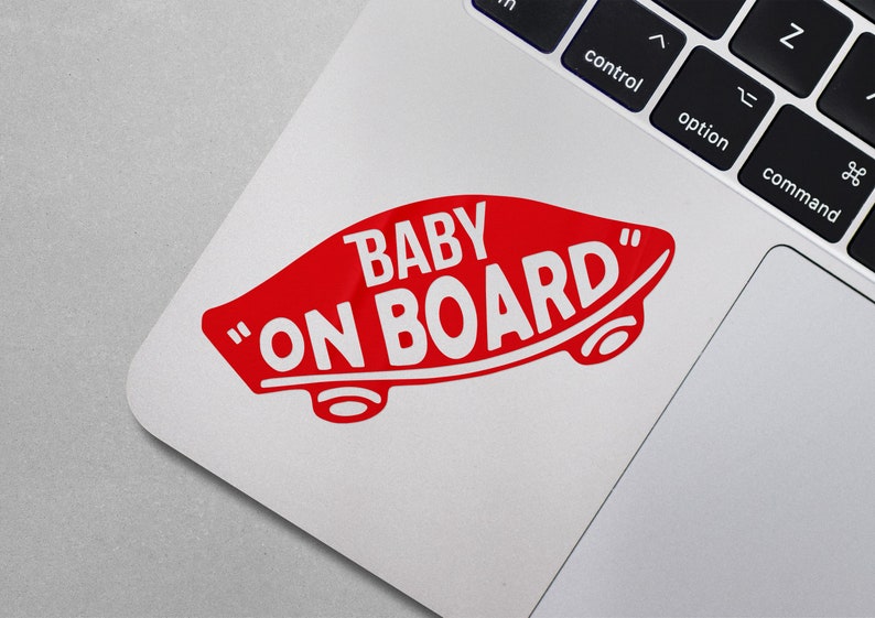 Baby On Board Skate Style decorative decal for cars, laptops, windows, mugs, glass, etc. Red