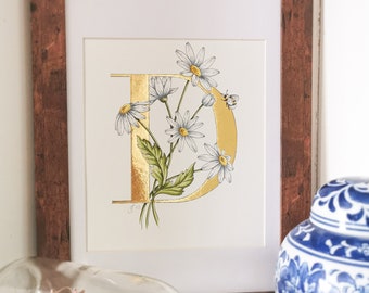 D is for Daisy Original illuminated artwork. A 23.5 karat gold letter D with intertwined gouache daisies and bumblebee. Lovely in a nursery.