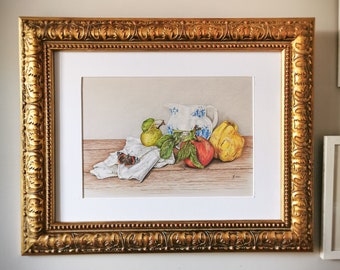 In From The Orchard. A fine art print from my still life of items from the orchard. A lovely vintage, English countryside style.