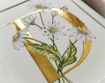 D is for Daisy print with hand applied gold leaf. A gold letter D with intertwined daisies and a bumblebee. Lovely in a nursery or kids room