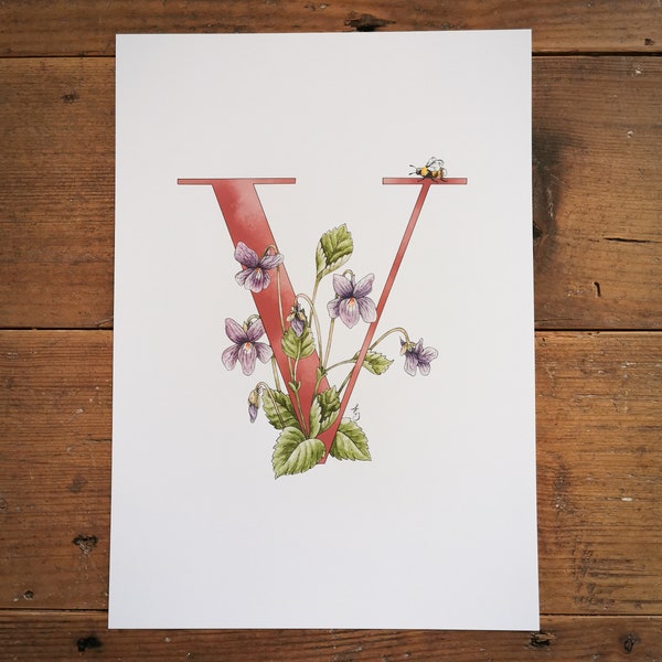 V is for Violet, flower letter print. A print of my painting with a blue or pink letter V, intertwined with violets and a bumblebee.