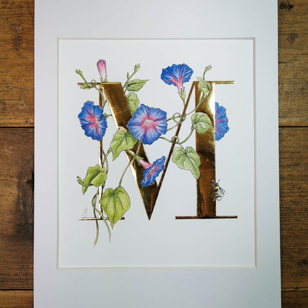 M is for Morning Glory Illuminated print with hand applied gold. A beautiful gold letter M with morning glory winding through it and a bee