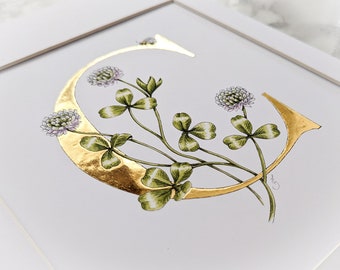 C is for Clover, gilded fine art print. A gold leaf letter C with intertwined clovers / shamrocks and a bumblebee. Lovely in a child's room.