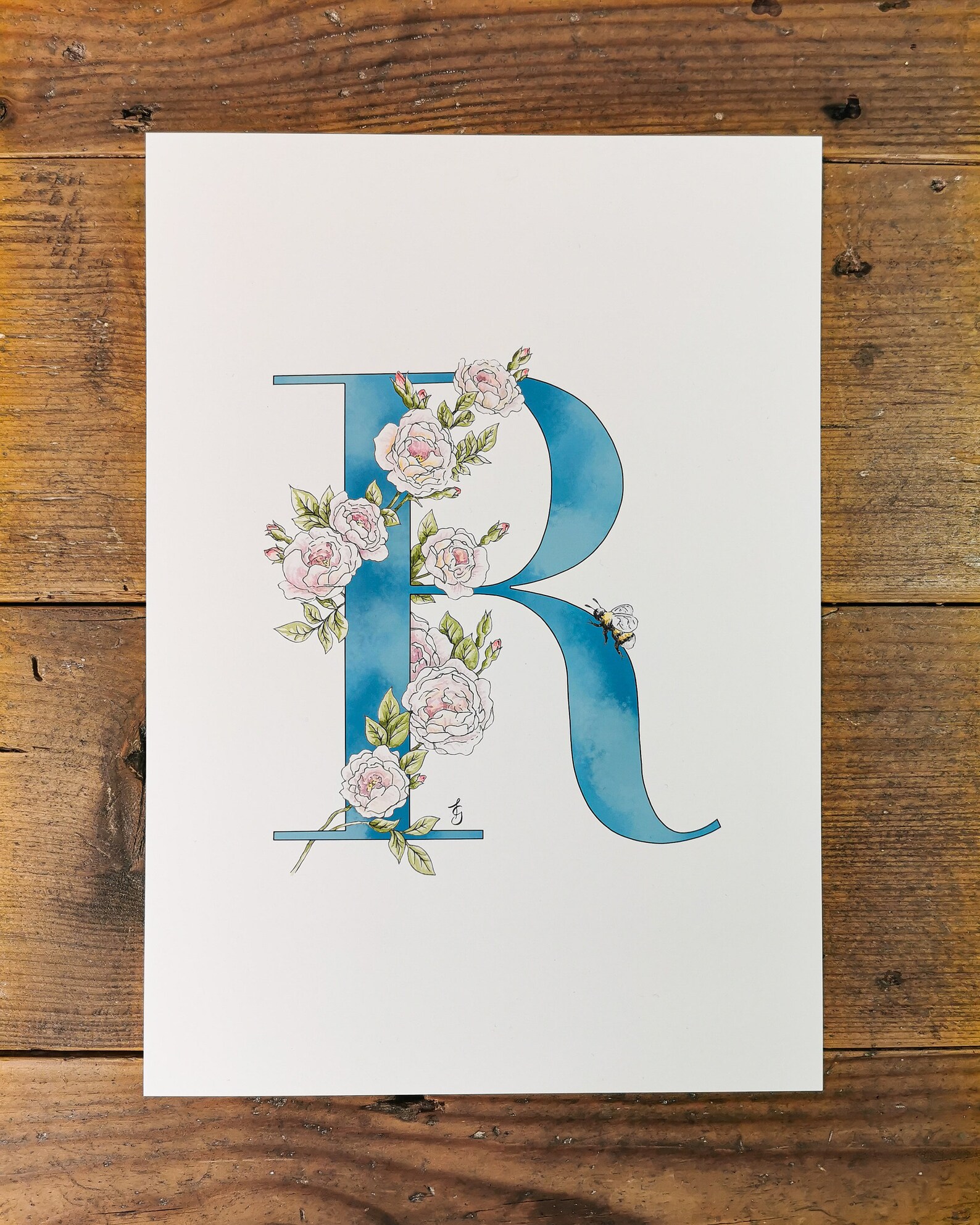 R is for Rose Flower Letter Print. A Blue or Pink R Initial - Etsy
