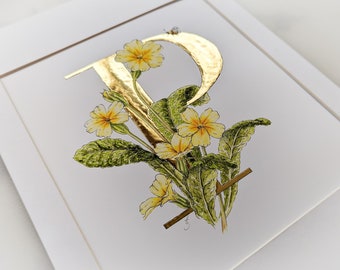 P is for Primrose gilded print. A 23.5 karat gold letter P with intertwined primroses and a bumblebee. a lovely gift for a new baby.