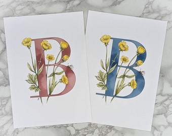 B is for Buttercup Blue or Pink Initial Print. A coloured letter B with intertwined buttercups and a bumblebee. Can be personalised.