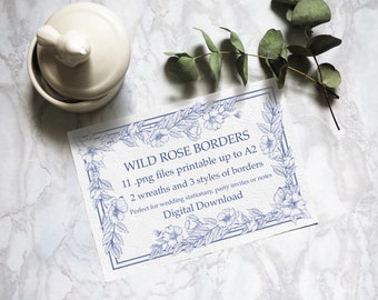 Wild Rose Blue and White Stationary Bundle. Downloadable borders and wreaths to use in your own stationary, wedding and party invites etc.