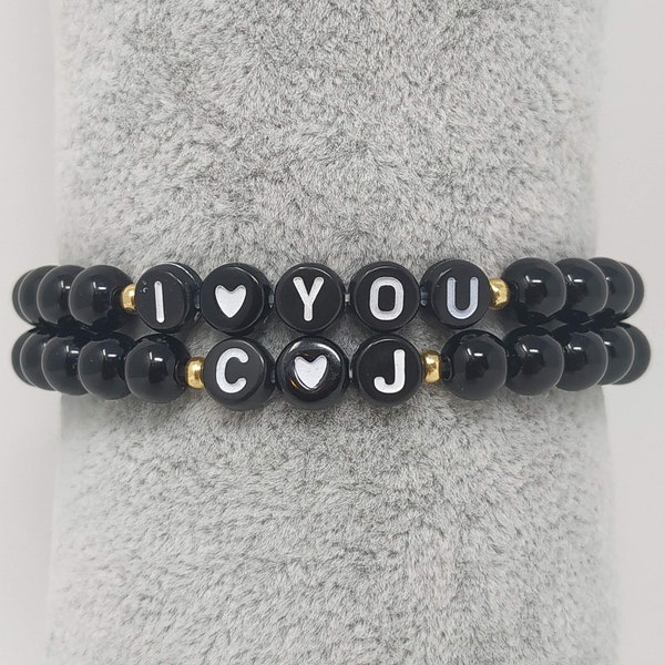 Beaded I LOVE YOU bracelets, black SET custom bracelets, letter bracelet, gift for her, personalized couple bracelet