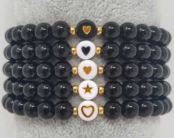 Heart beaded bracelet, BLACK bracelets, stackable bracelet, heart jewelry, bracelets for women