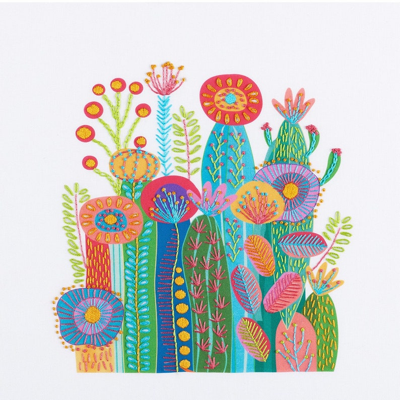 Cactus embroidery showing a group of brightly coloured abstract flowers and leaves on a white background. Colourful DMC threads and simple embroidery stitches are used.