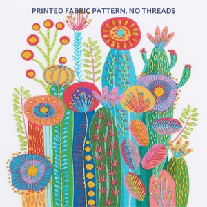 Cactus embroidery pattern on blue or white background. Fun embroidery.