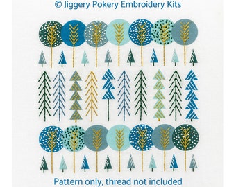 Scandi trees embroidery pattern. Slate blue, green, gold and white. Craft lover gift.