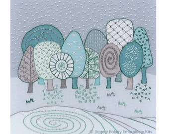 Winter landscape embroidery kit. Scandi style trees. Creative design. Intermediate level.