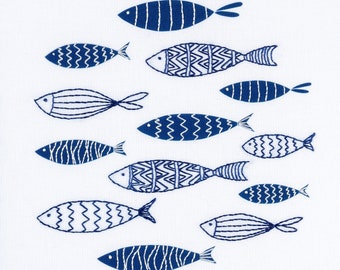 Blue fish embroidery kit. Scandi design. Embroidered wall art.