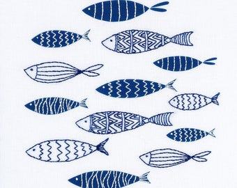 Blue fish embroidery kit. Scandi design. Embroidered wall art.