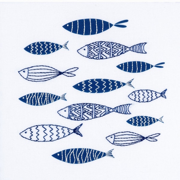 Blue fish embroidery kit. Scandi design. Embroidered wall art.
