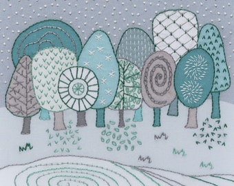 Winter landscape embroidery kit. Scandi style trees. Letterbox gift.