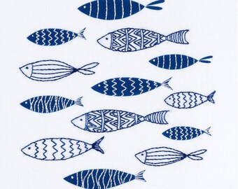 Blue fish beginner embroidery kit.  Simple Swedish design.  Handmade present for her. Embroidered wall art.