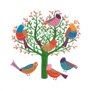 May include: A colourful illustration of a tree with six birds perched on its branches. The birds are decorated with intricate patterns and bright colours, including red, blue, green, yellow, and pink.