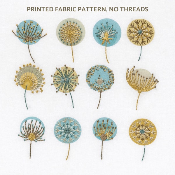 Dandelion embroidery pattern. Gift for her. Mustard gold, blue and brown. Wildflower pattern.
