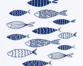 Blue fish embroidery pattern. Simple Scandi design. Easy hand embroidery.