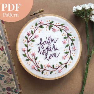 Faith, Hope & Love Floral Hand Embroidery PDF Pattern DIY Embroidery Embroidery Pattern Floral Embroidery imagem 1