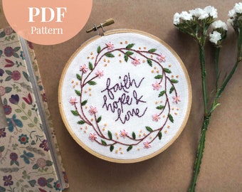 Faith, Hope & Love Floral Hand Embroidery PDF Pattern | DIY Embroidery | Embroidery Pattern | Floral Embroidery
