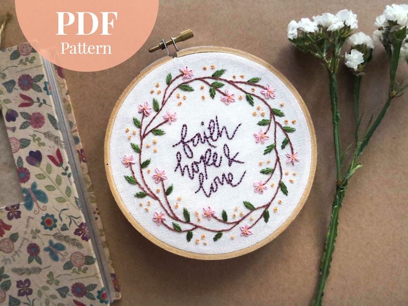 Faith, Hope & Love Floral Hand Embroidery PDF Pattern DIY Embroidery Embroidery Pattern Floral Embroidery imagem 1