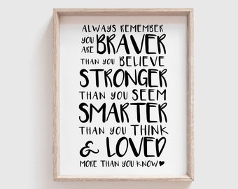 You Are Braver Than You Believe, Winnie The Pooh Quote,  Nursery Decor,  Kids Wall Art Printable,  A.A. Milne, Digital File