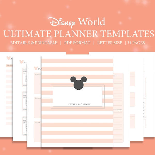 WDW ULTIMATE Theme Park Planner Templates | Editable, Printable | Trip Planner w/ Park info, Budgeting, Outfit Planning & More! | 34 pages