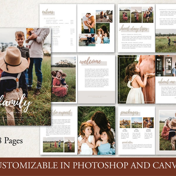 Prijsgids voor gezinnen, Canva Photoshop-sjabloon voor marketingmagazine, welkomstgids voor fotografen, fotografiebrochure, bewerkbare klantengids