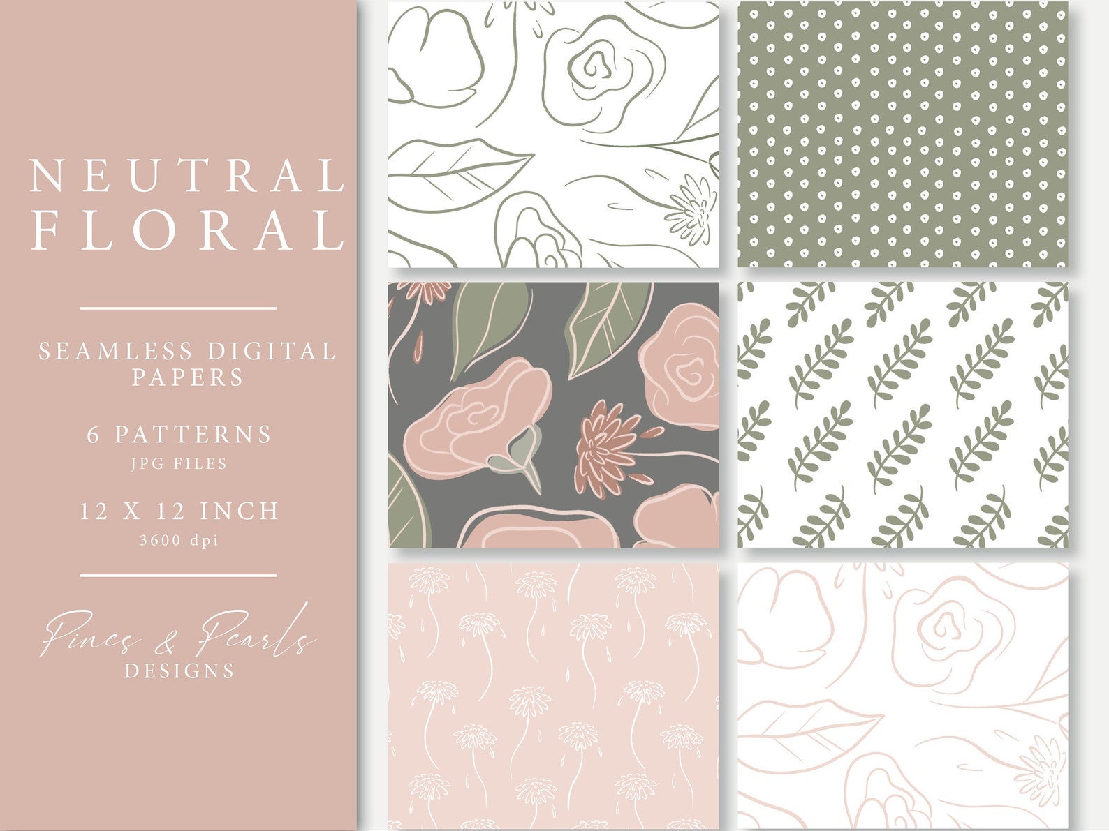 Neutral Floral Digital Paper Flower Seamless Pattern Line Etsy