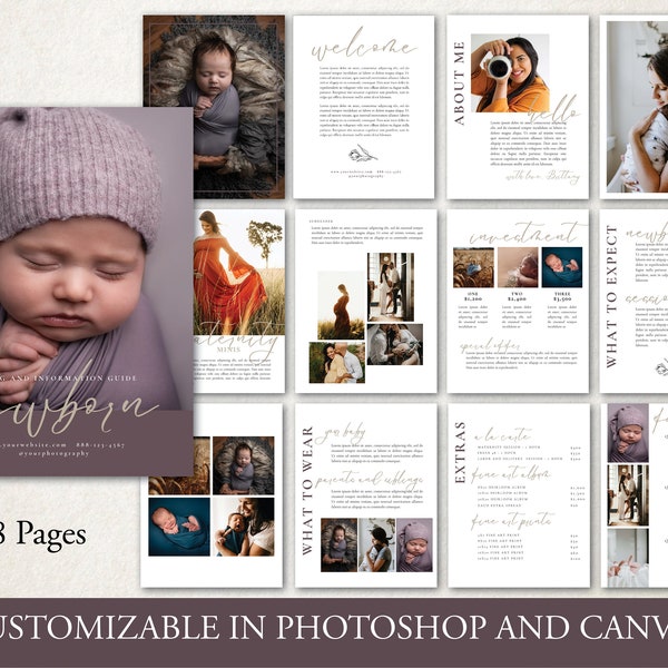 Newborn Marketing Magazine Canva and Photoshop Template, Photographer Welcome and Pricing Guide, Photography Brochure, Editable Client Guide