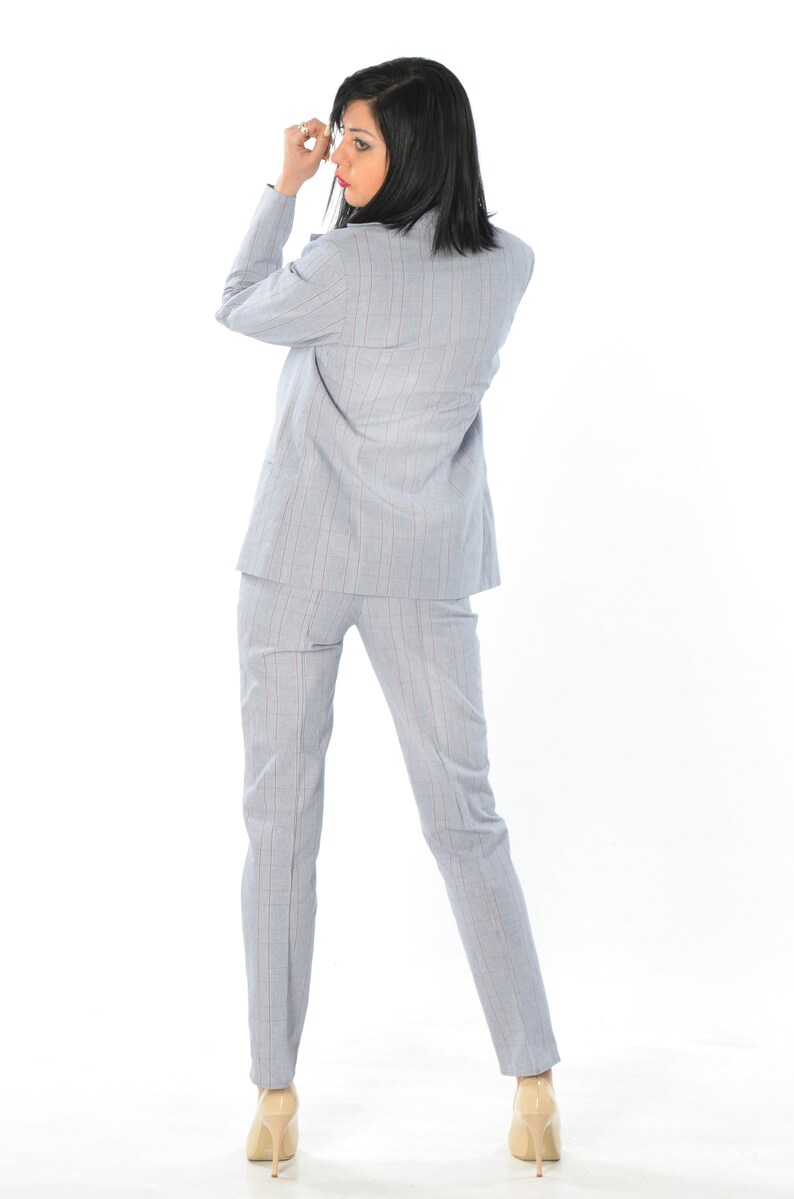 Women\u2019s Business Suit With Pant Elegant Suit Light Grey Suit Straight Pants Plaid Suit With Double Breasted Jacket Womens Official Suit