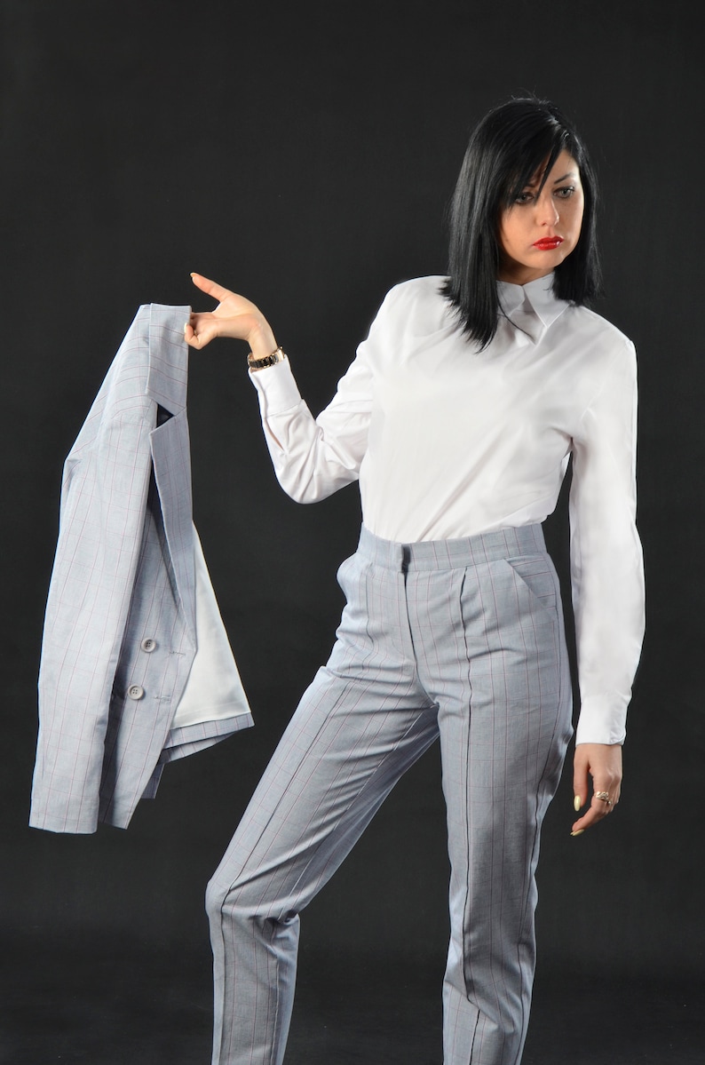 Women\u2019s Business Suit With Pant Elegant Suit Light Grey Suit Straight Pants Plaid Suit With Double Breasted Jacket Womens Official Suit
