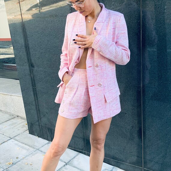 pink shorts and blazer suit