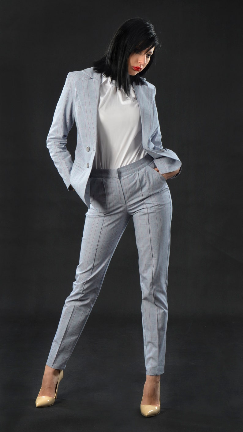 Women\u2019s Business Suit With Pant Elegant Suit Light Grey Suit Straight Pants Plaid Suit With Double Breasted Jacket Womens Official Suit