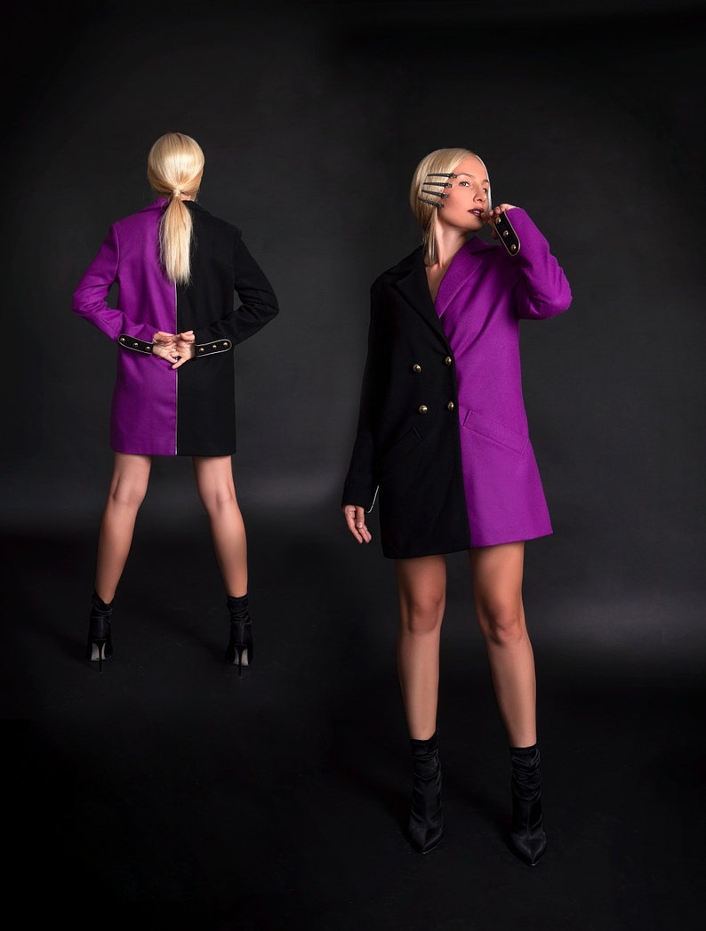 Hand Made Women\u2019s Autumn Two-Tone Strict Coat,Stylish Cashmere Double-Breasted Light Overcoat,Elegant Short Coat,Black And Purple Jacket