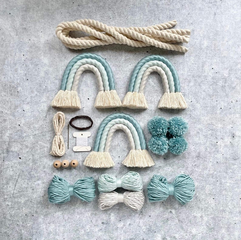 DIY kit rainbow garland, macrame baby room decoration, do it yourself bunting Mint-Blau