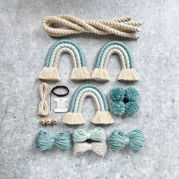 DIY Kit Regenbogen-Girlande Junge, mint blau grau, Makramee Babyzimmerdeko, Do it yourself Wimpelkette