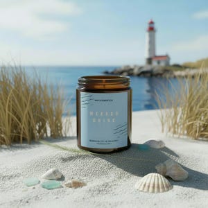Könnte beinhalten: Eine braune Glas-Kerze mit blauem Etikett mit der Aufschrift "MEERES BRISE" auf einem Sandstrand. Im Hintergrund ein Leuchtturm und das Meer. Muscheln und Meeresglas liegen um die Kerze herum.