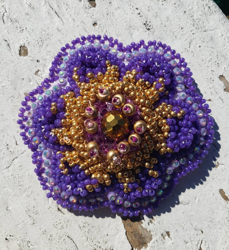 Native American Beaded Purple and Gold Flower Barrette