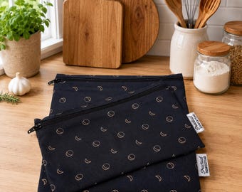 Reusable snack bag set, travel, camping, hiking, navy moons, celestial