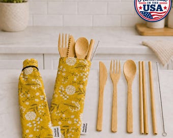 Travel carry pouch with bamboo cutlery set lined with  PUL wooden fork, knife, spoon, chop sticks, straw, brush