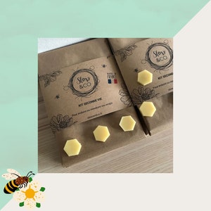 Può includere: Un set di quattro involucri di cera d'api gialla a forma esagonale, confezionati in un sacchetto di carta marrone con il testo "Slow & CO" e "KIT SECONDE VIE" stampato su di esso. Il sacchetto include anche il testo "MADE IN FRANCE" e una bandiera francese.