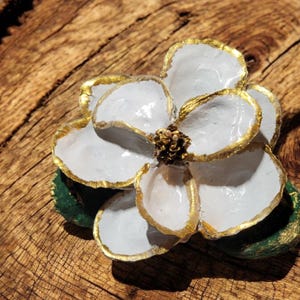 Handcrafted Oyster Shell Magnolia Flower with Gold Trim – Elegant Coastal Decor
