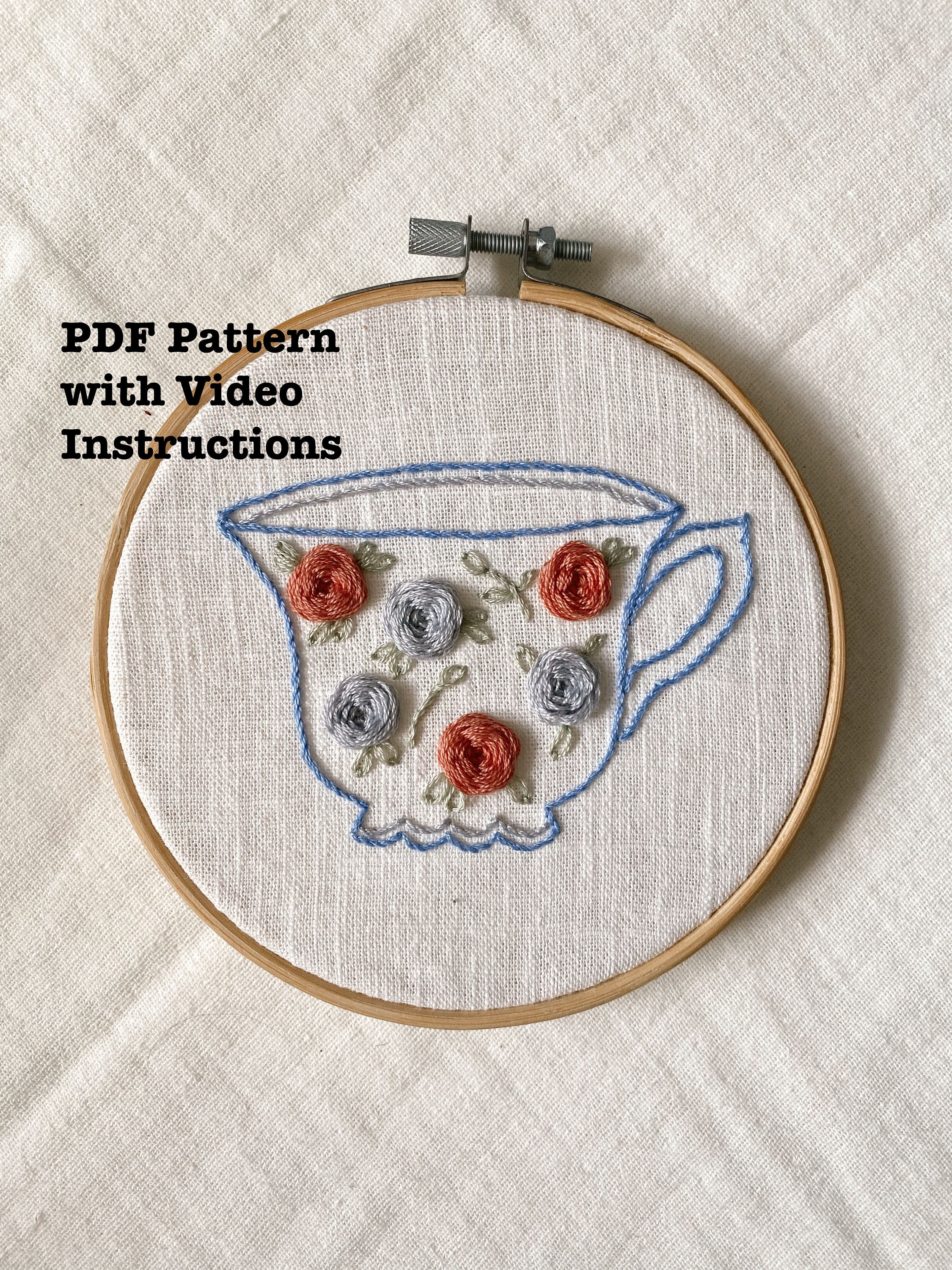 Tea cup Embroidery PDF Pattern for beginners with video Etsy