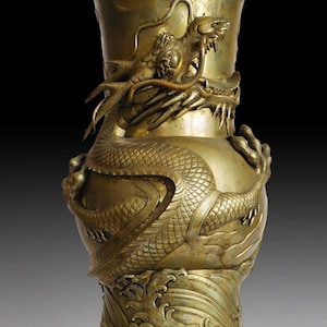 Antique Japanese Brass Dragon Koro Censer: Showa Incense Burner (20&quot;H)